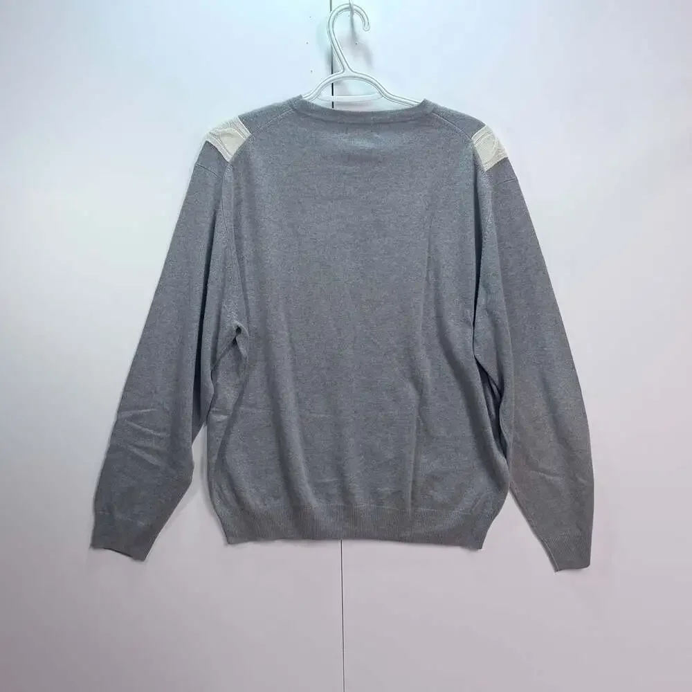Paul Fredrick Men's Grey and White Diamond Cable Knit Crewneck Sweater